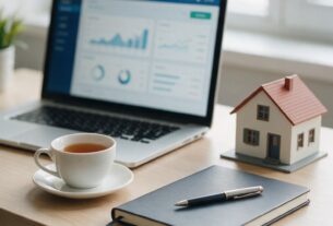 A laptop with a banking dashboard on a desk beside a cup of tea and a small house model