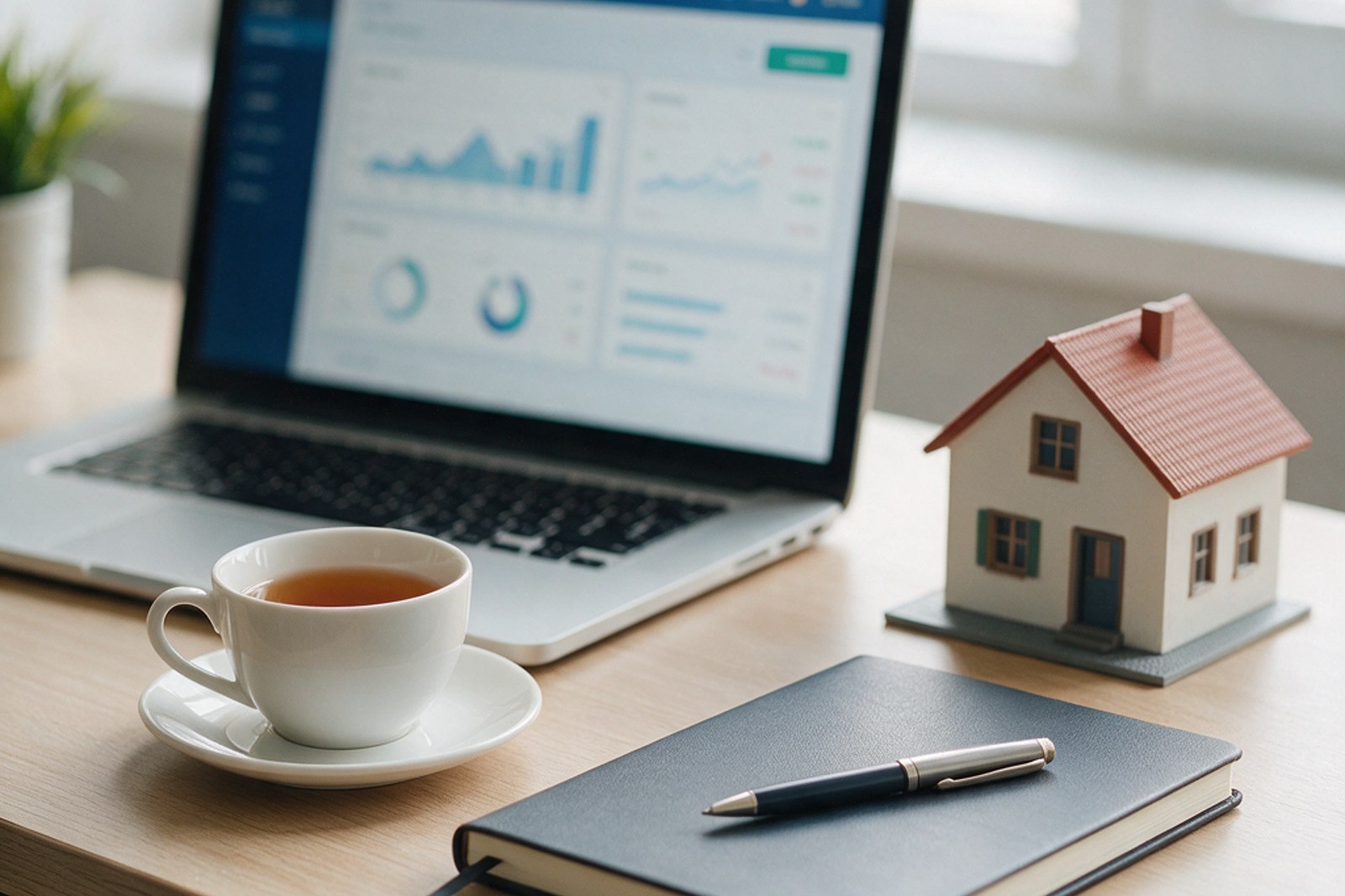 A laptop with a banking dashboard on a desk beside a cup of tea and a small house model
