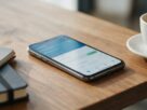 A smartphone with a banking app beside a notebook and a coffee cup