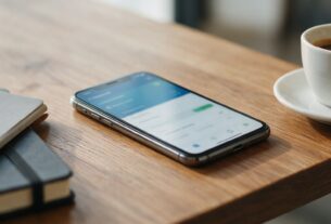A smartphone with a banking app beside a notebook and a coffee cup
