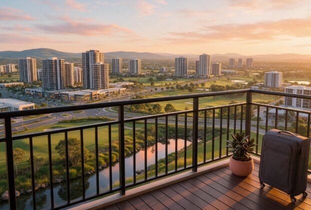 Illustrative AI-generated view from an apartment balcony over a planned township, not an actual Navi Mumbai location.