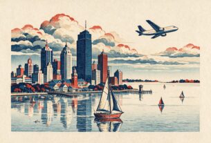 Woodblock print style illustration of a coastal city skyline with a sailing boat and an aeroplane, not an actual photograph