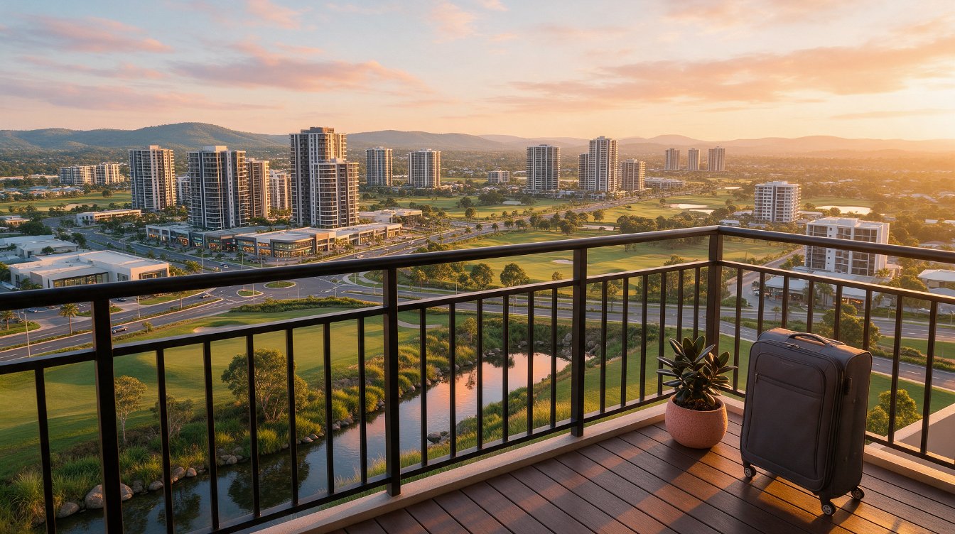 Illustrative AI-generated view from an apartment balcony over a planned township, not an actual Navi Mumbai location.