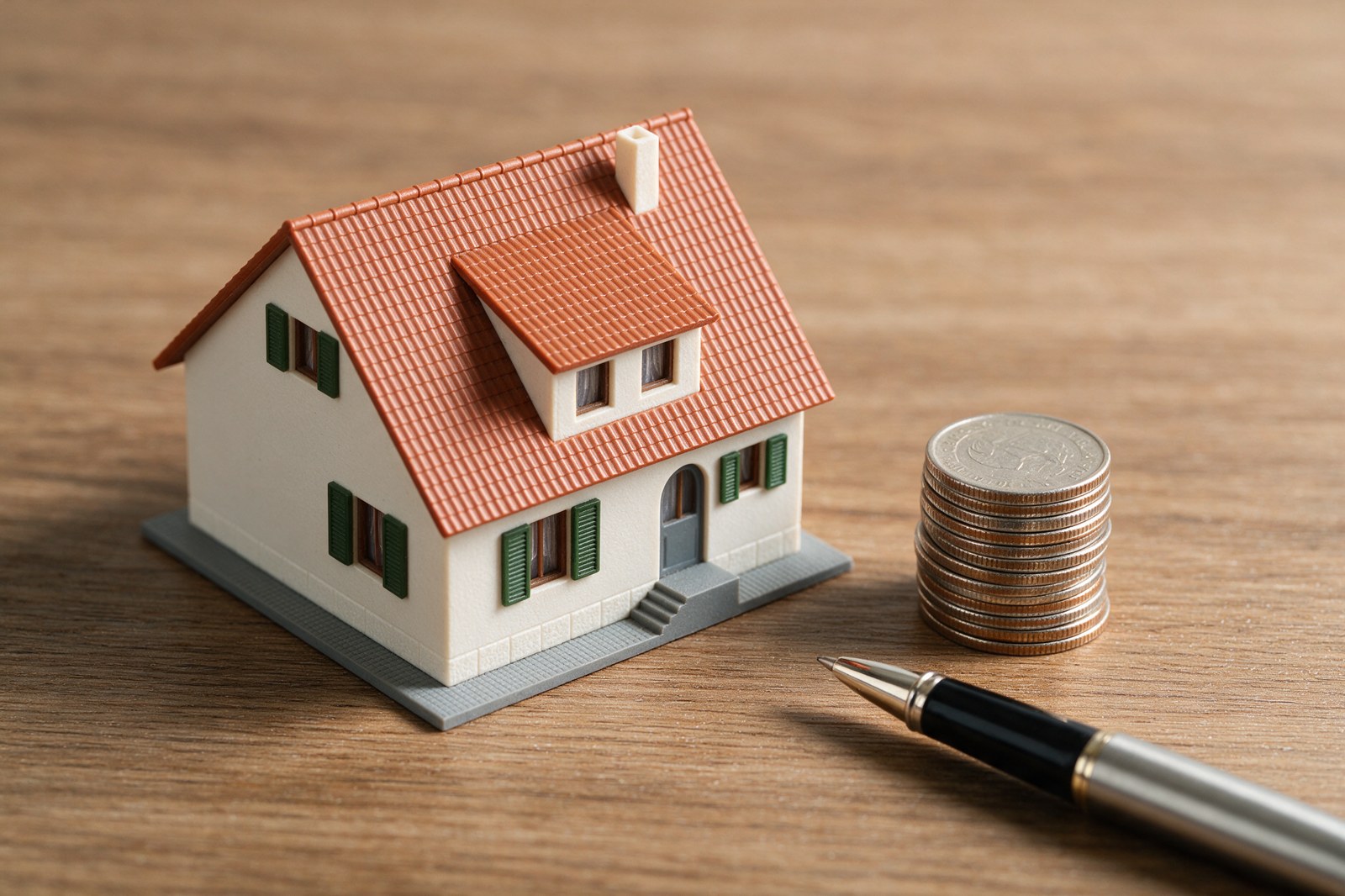 A small model house beside a stack of coins and a pen on a wooden desk