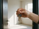 A hand holding new apartment keys at the open door of an empty flat