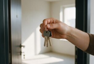 A hand holding new apartment keys at the open door of an empty flat