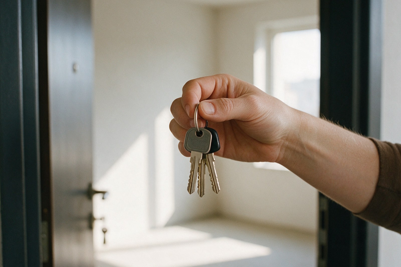 A hand holding new apartment keys at the open door of an empty flat