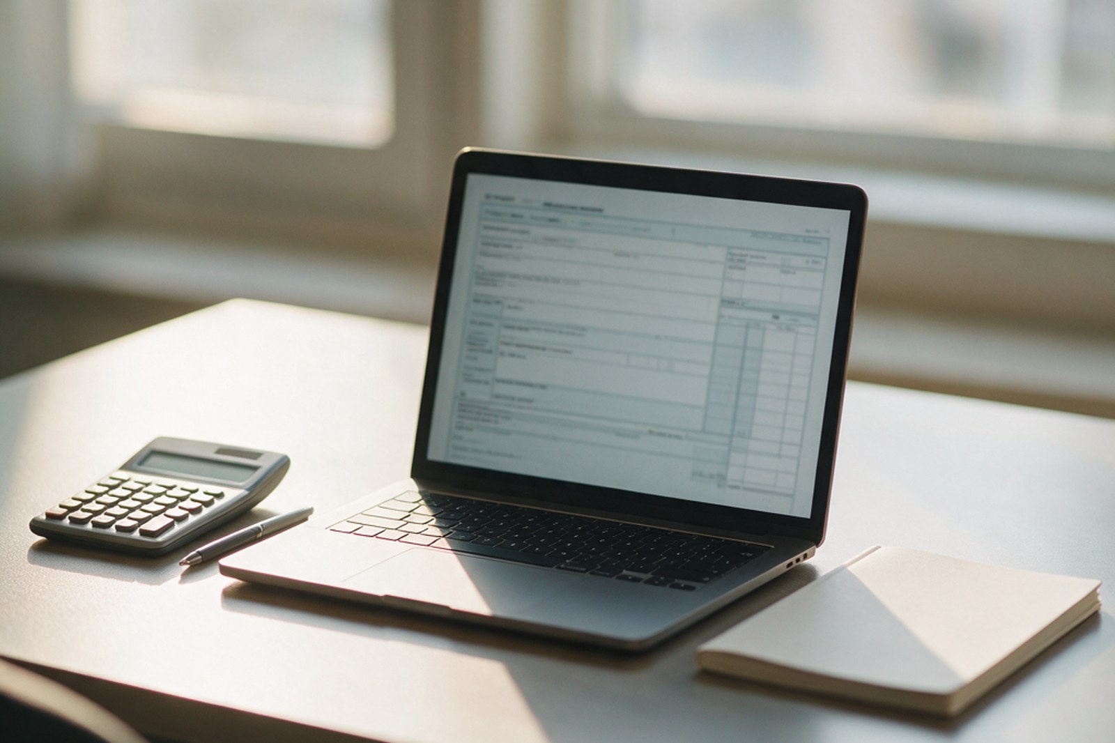 A laptop with a tax form, a calculator and a pen on a desk