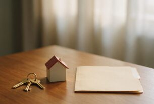 House keys, a small model house and a blank folder on a wooden table