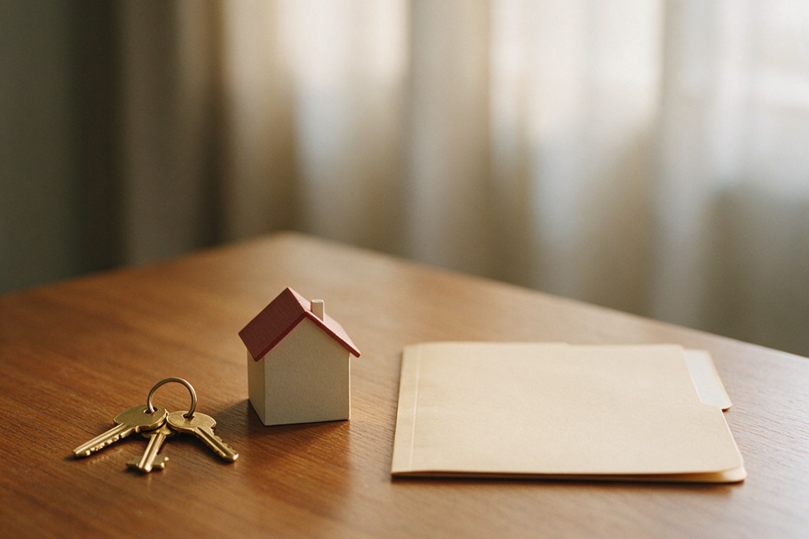 House keys, a small model house and a blank folder on a wooden table
