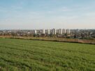 A green farm field with a fence at the edge of a growing city