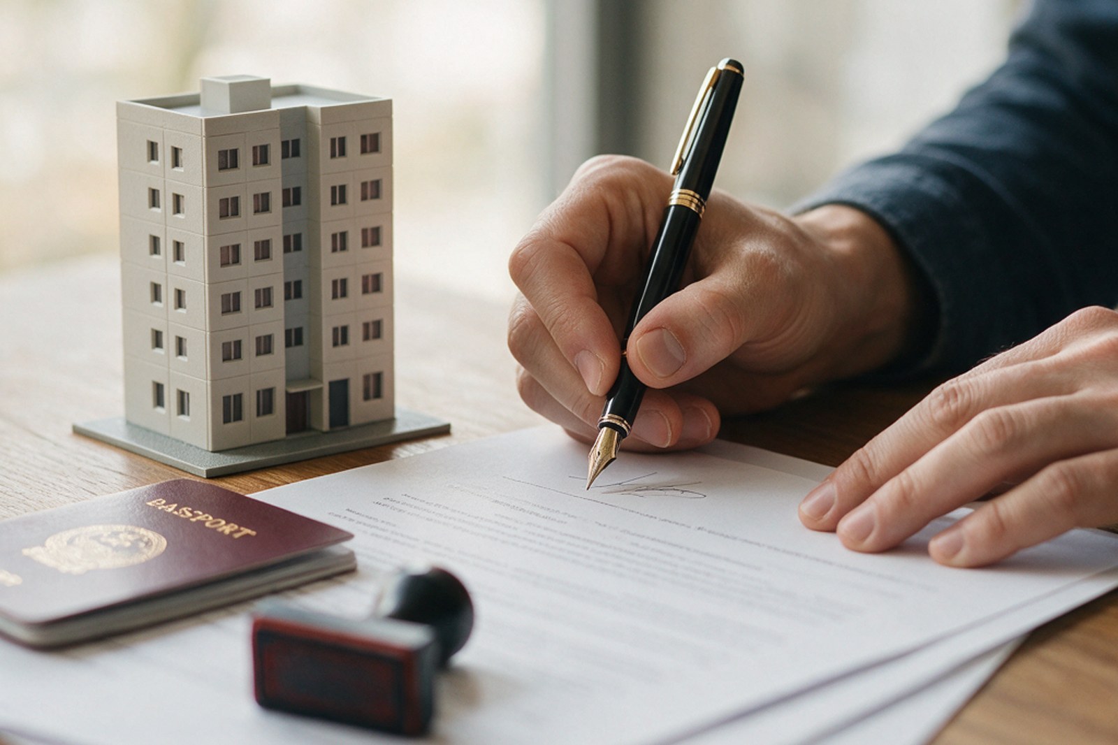 A person signing a property document with a fountain pen beside a passport, a rubber stamp and a model apartment building