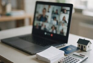 A laptop on a video call beside bank papers, a passport, a calculator and a small model house