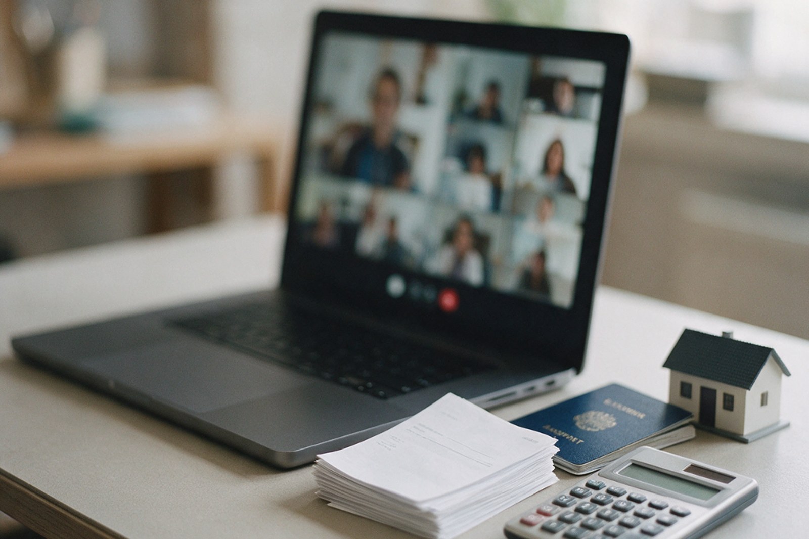 A laptop on a video call beside bank papers, a passport, a calculator and a small model house