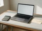 A tidy desk with a laptop, a calculator and a sealed envelope
