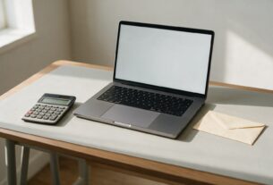 A tidy desk with a laptop, a calculator and a sealed envelope