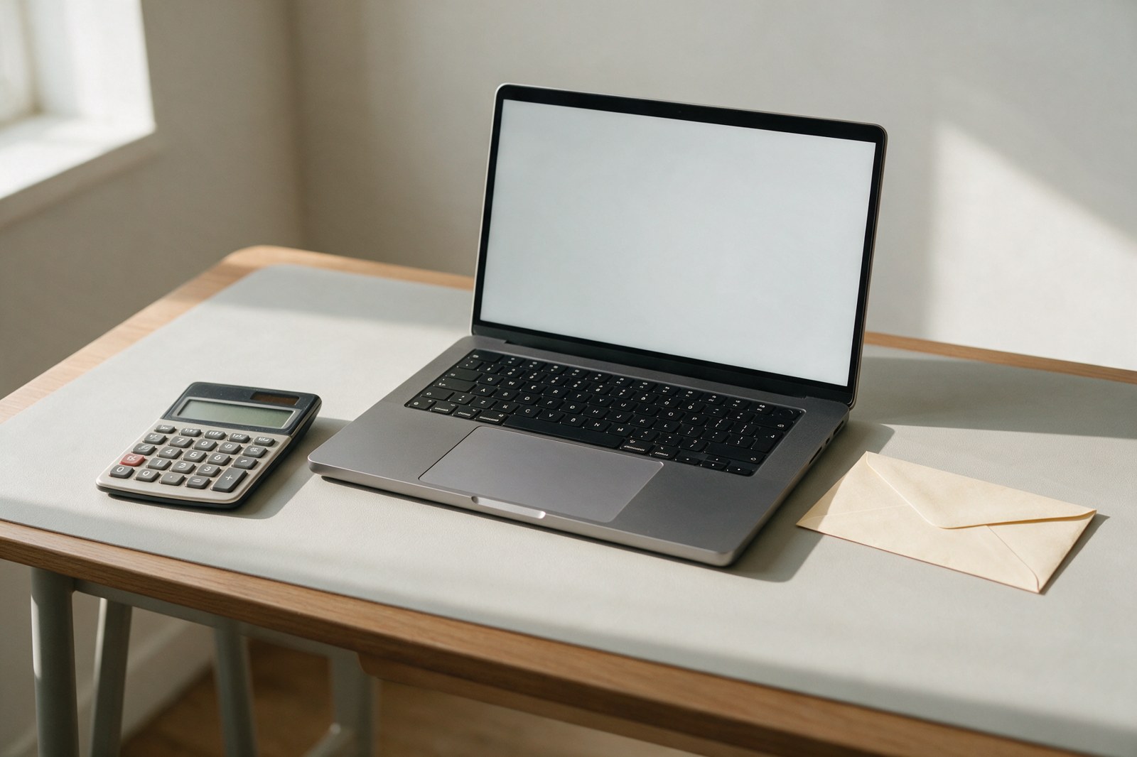 A tidy desk with a laptop, a calculator and a sealed envelope