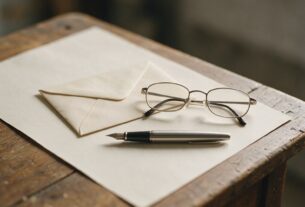 An envelope, reading glasses and a fountain pen on a blank sheet