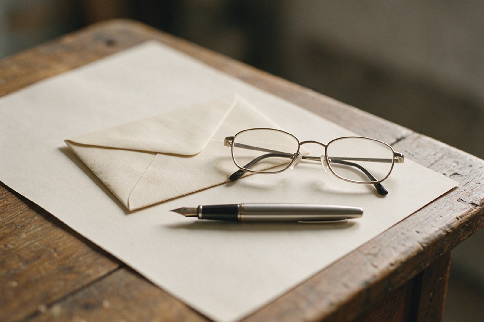 An envelope, reading glasses and a fountain pen on a blank sheet
