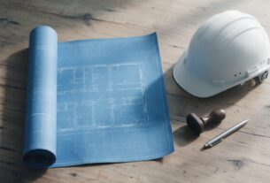 An architectural blueprint, a hard hat, a stamp and a pen arranged on a desk, AI-generated illustrative render