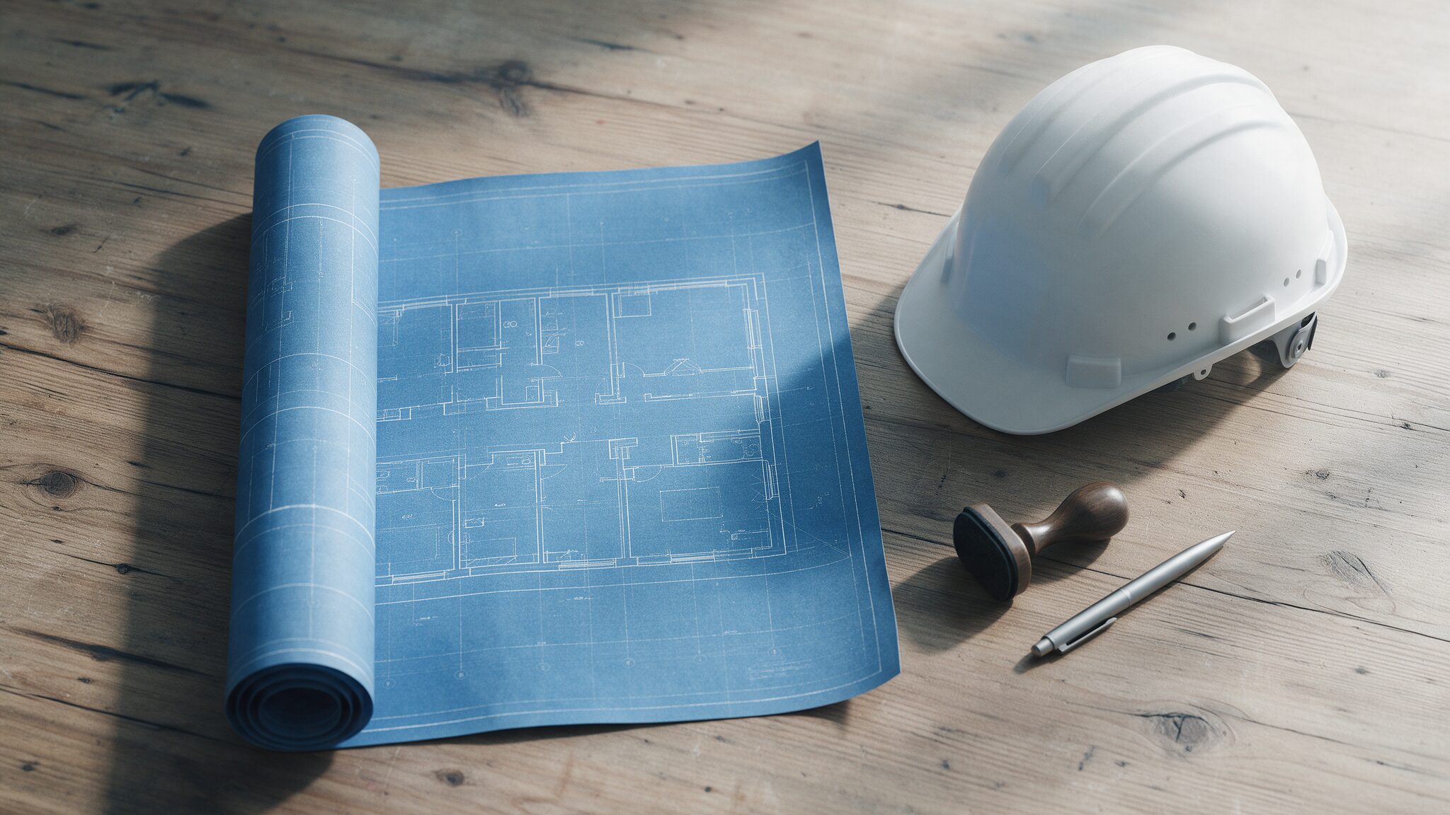 An architectural blueprint, a hard hat, a stamp and a pen arranged on a desk, AI-generated illustrative render