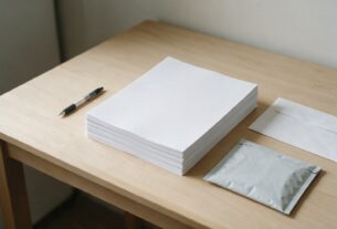 A stack of blank forms with a pen, an envelope and a courier mailer on a desk