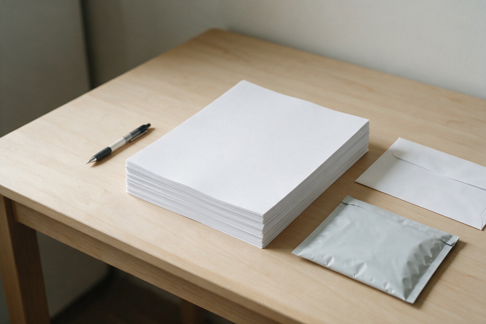 A stack of blank forms with a pen, an envelope and a courier mailer on a desk