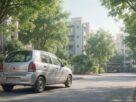 AI-generated illustration of an older hatchback parked on a tree-lined residential street