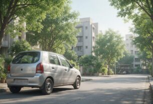 AI-generated illustration of an older hatchback parked on a tree-lined residential street