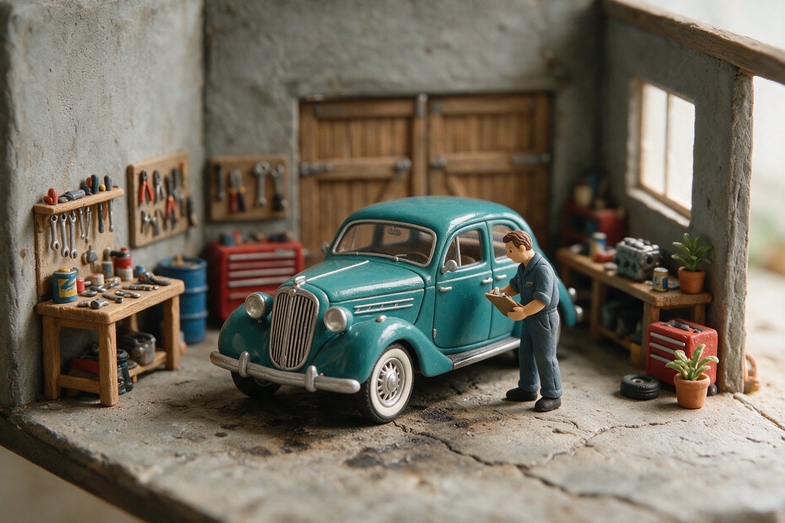 Clay diorama style illustration of a vintage car in a garage, not an actual photograph