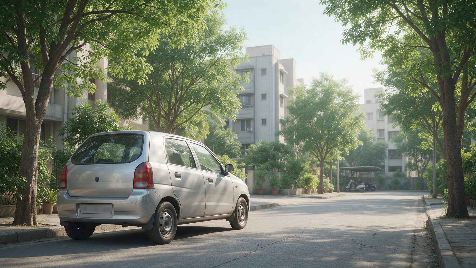 AI-generated illustration of an older hatchback parked on a tree-lined residential street
