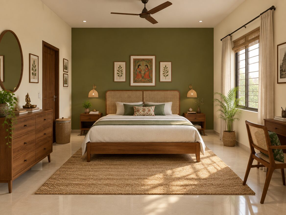 Olive green accent wall with cream, Indian bedroom colour combination, AI-generated illustrative render