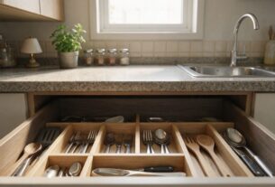 Organized kitchen drawer with dividers in a small Indian apartment kitchen, AI-generated illustrative render