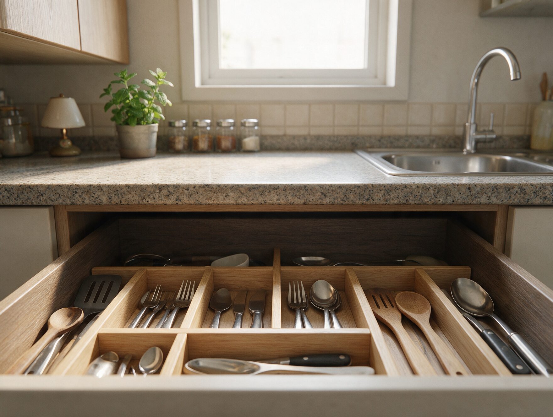 Organized kitchen drawer with dividers in a small Indian apartment kitchen, AI-generated illustrative render