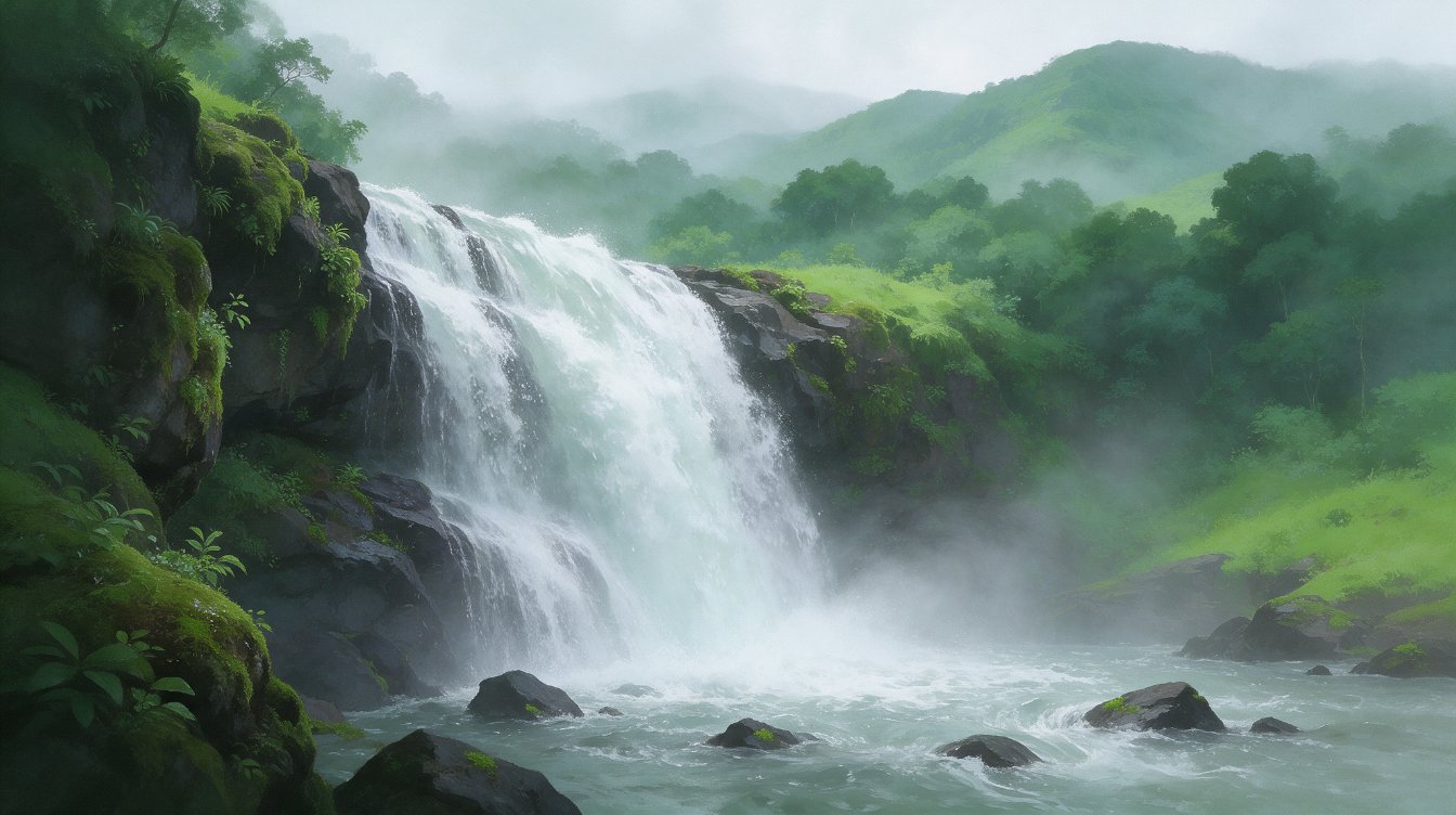 Illustration of a waterfall in green forested hills during the monsoon