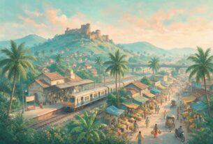 Illustration of a railway station, a hill fort and a market street in a Panvel-style town, not an actual photograph