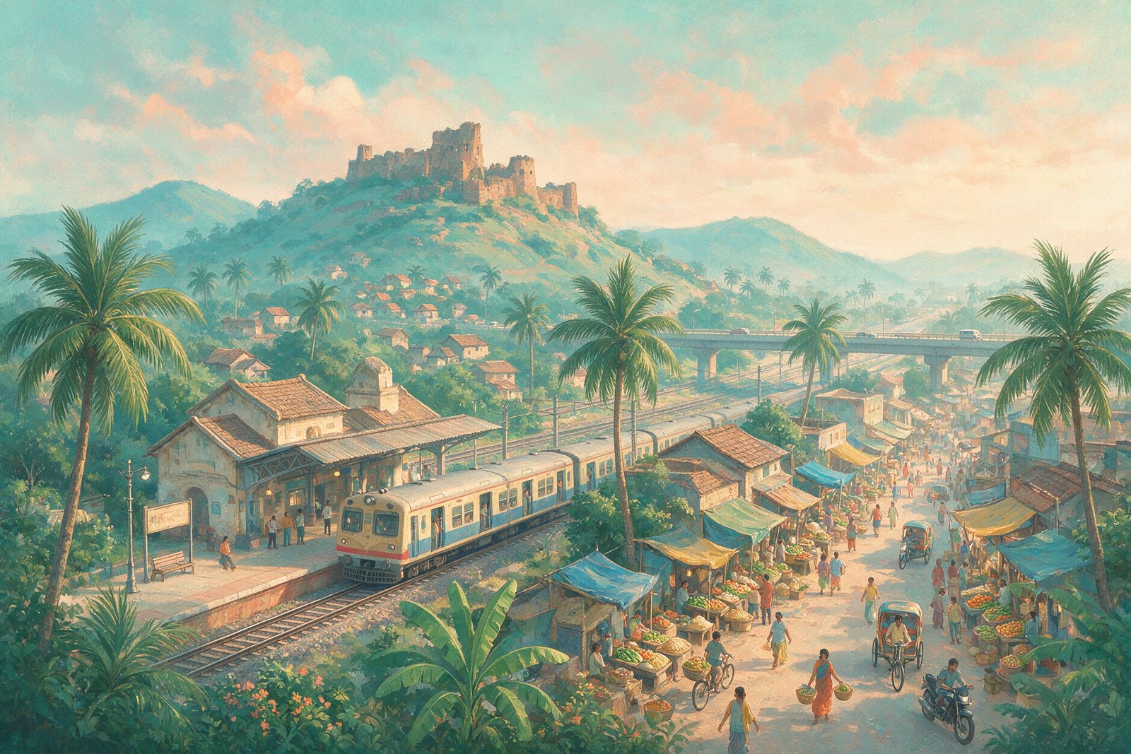 Illustration of a railway station, a hill fort and a market street in a Panvel-style town, not an actual photograph