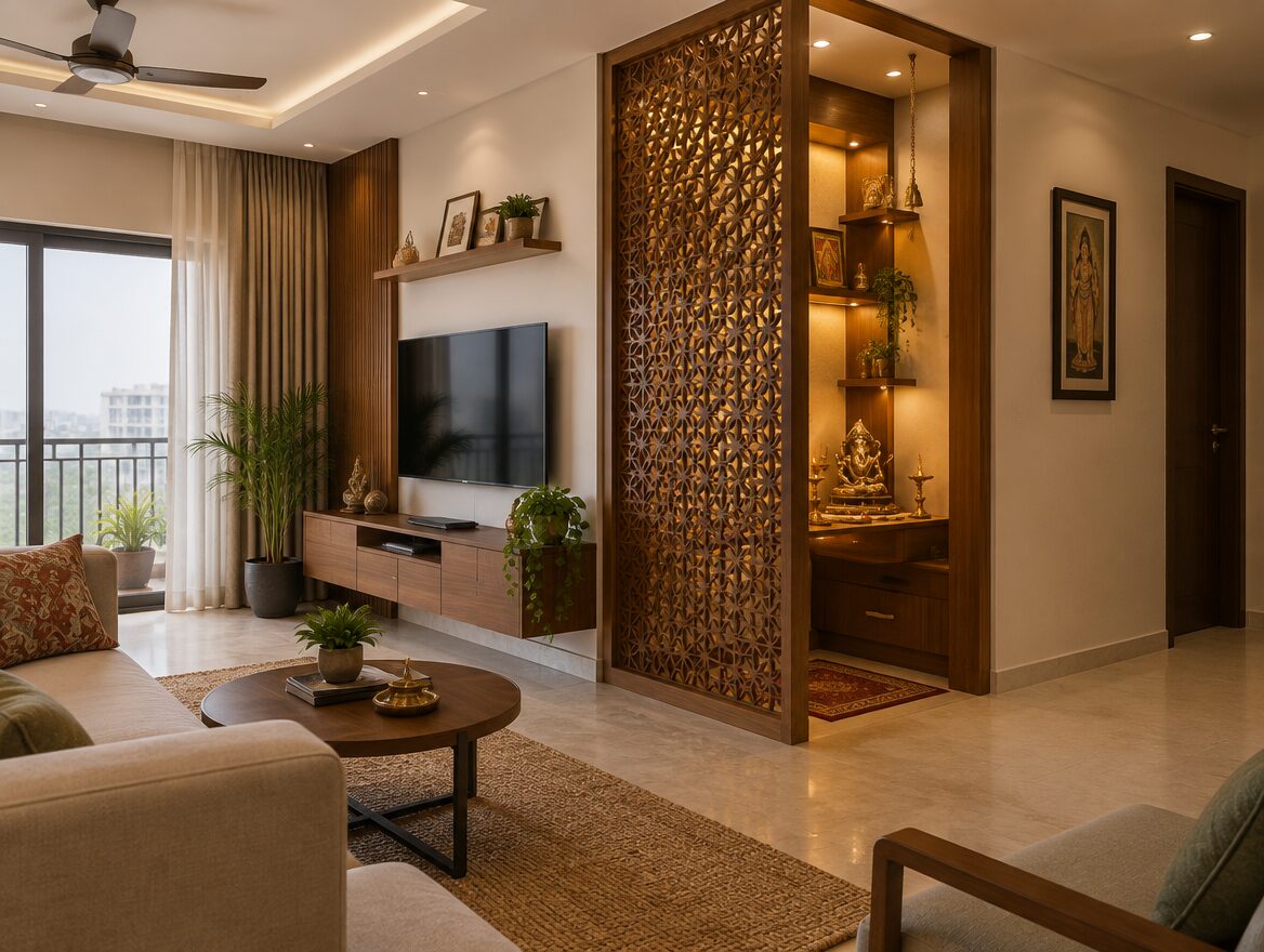 Small Pooja Room Designs for Indian Apartments 5 Pooja nook separated by a wooden jali lattice partition in an Indian apartment living room, AI-generated illustrative render