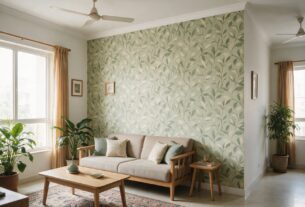 Peel and stick wallpaper accent wall in a living room, AI-generated illustrative concept