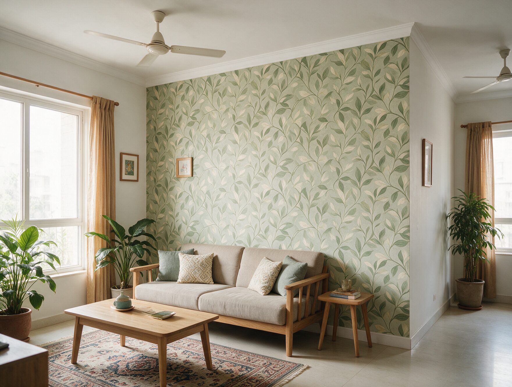 Peel and stick wallpaper accent wall in a living room, AI-generated illustrative concept