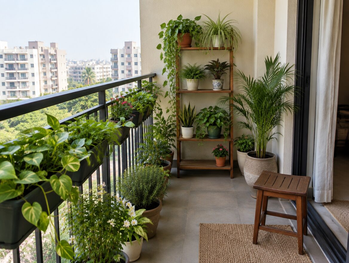 Plant-focused small Indian apartment balcony with potted plants along railing and floor, AI-generated illustrative render