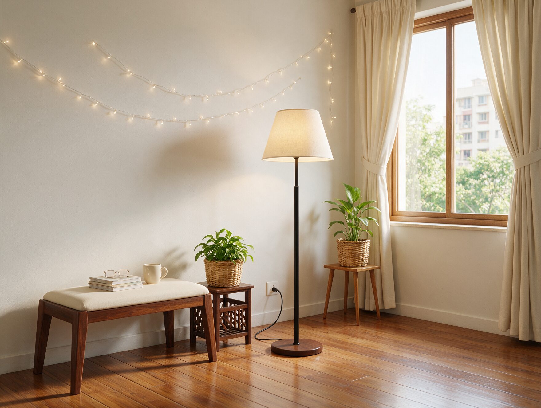 Rental Home Decor Ideas: No-Drill Options and Practical Checks 3 Plug-in lamps and battery-powered lighting in a rented Indian apartment