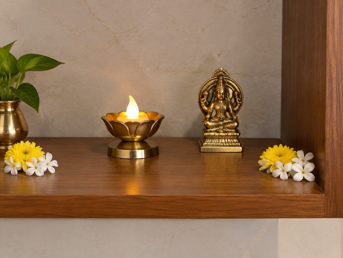 Small Pooja Room Designs for Indian Apartments 6 Close up detail of a small Indian apartment pooja shelf with a flameless LED diya lamp placed away from flowers and decorations, AI-generated illustrative render