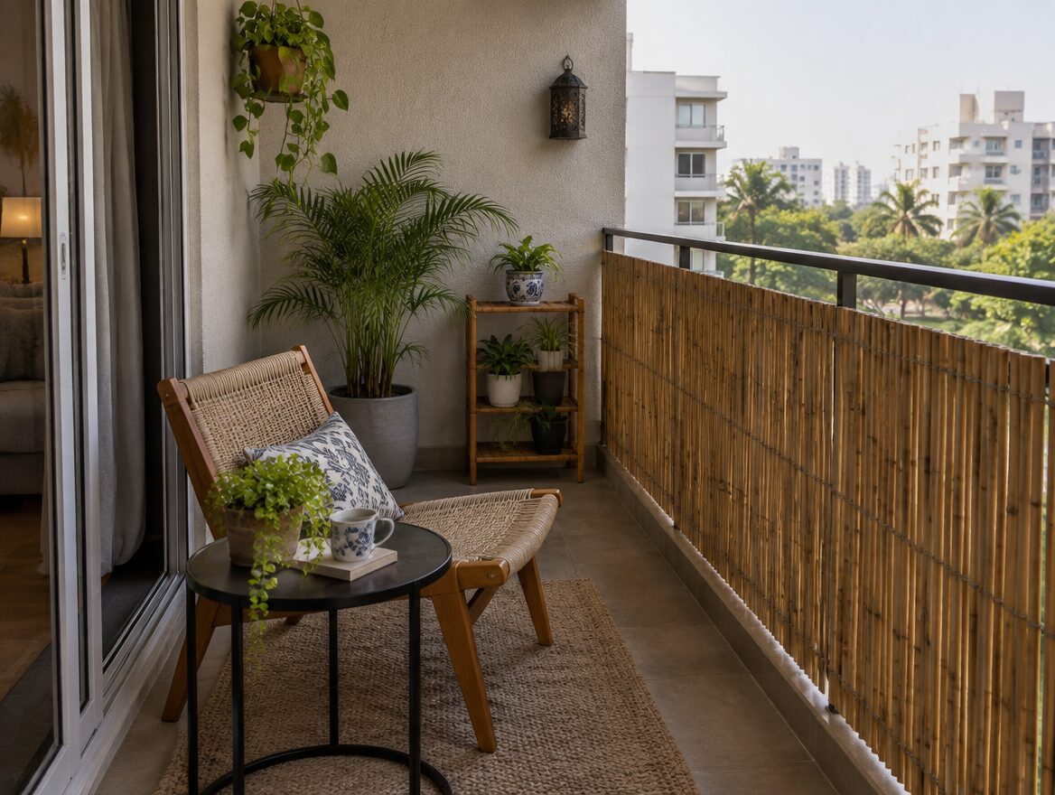 Bamboo privacy screen on a small Indian apartment balcony with seating, AI-generated illustrative render