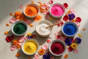 Rangoli materials including colored powders, rice flour, and flower petals laid out for a beginner, AI-generated illustrative render