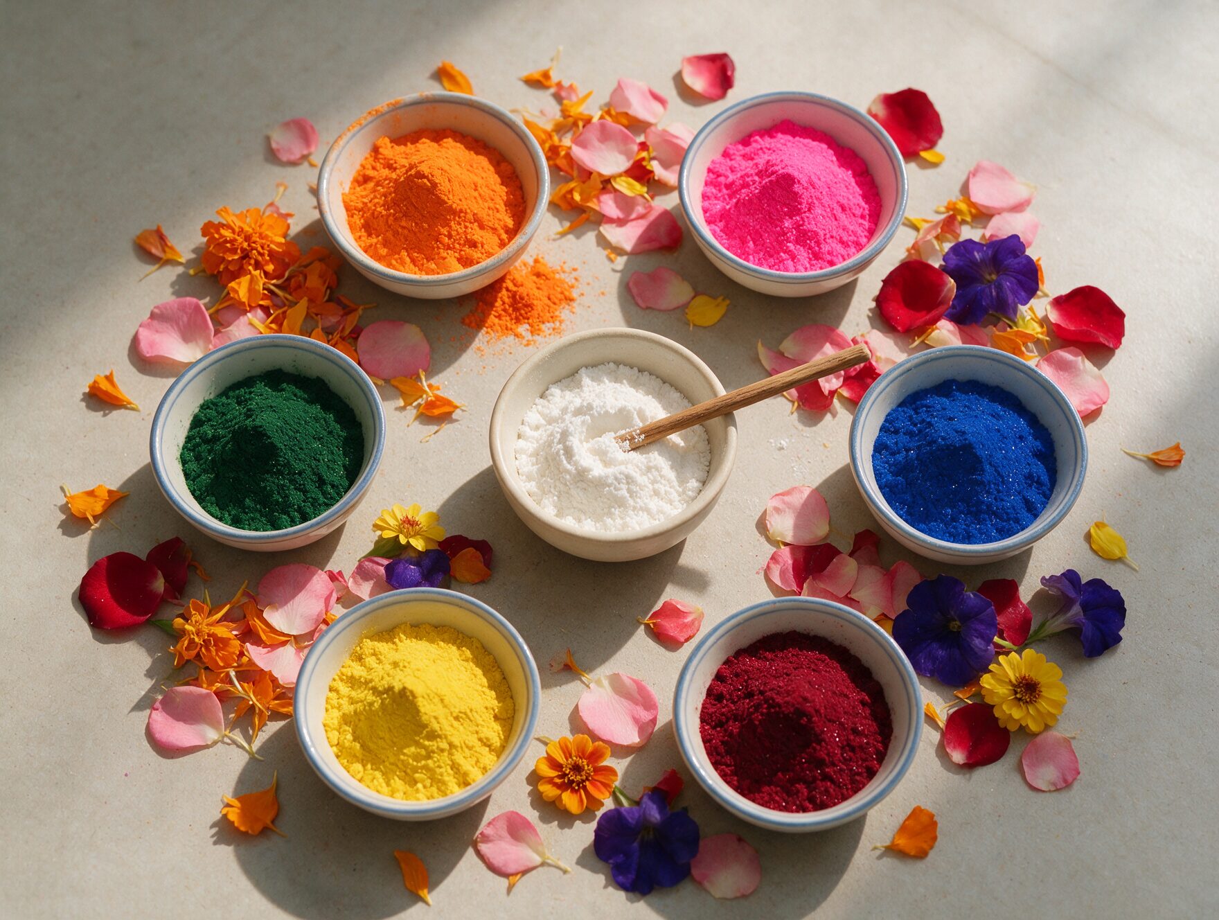 Rangoli materials including colored powders, rice flour, and flower petals laid out for a beginner, AI-generated illustrative render