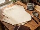 Property documents, a calculator and a pen arranged on a desk, AI-generated illustrative render
