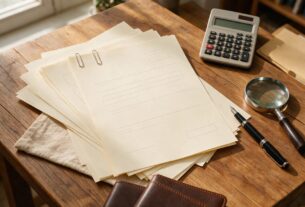 Property documents, a calculator and a pen arranged on a desk, AI-generated illustrative render