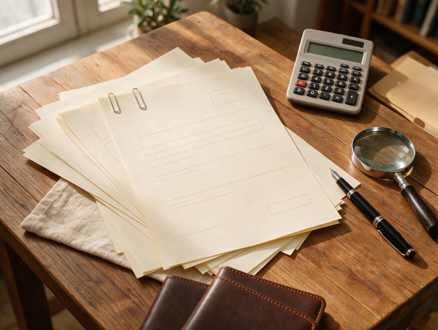 Property documents, a calculator and a pen arranged on a desk, AI-generated illustrative render