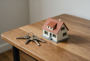 House keys beside a small model house on a wooden table